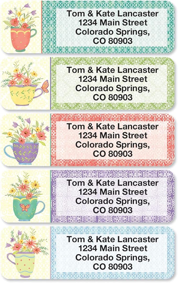 Teacups Rolled Personalized Return Address Mailing Labels with Dispenser, Set of 500, 5 Designs, Small ¾ x 2½ Inch Size, Custom Self-Adhesive Sticker Roll, by Colorful Images