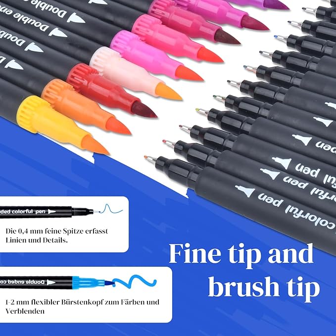 24 Colored Dual Tip Markers Fine & Brush Pens - No Bleeding, Coloring Markers for Adult, Sketching, Drawing, Journaling Art Marker Set