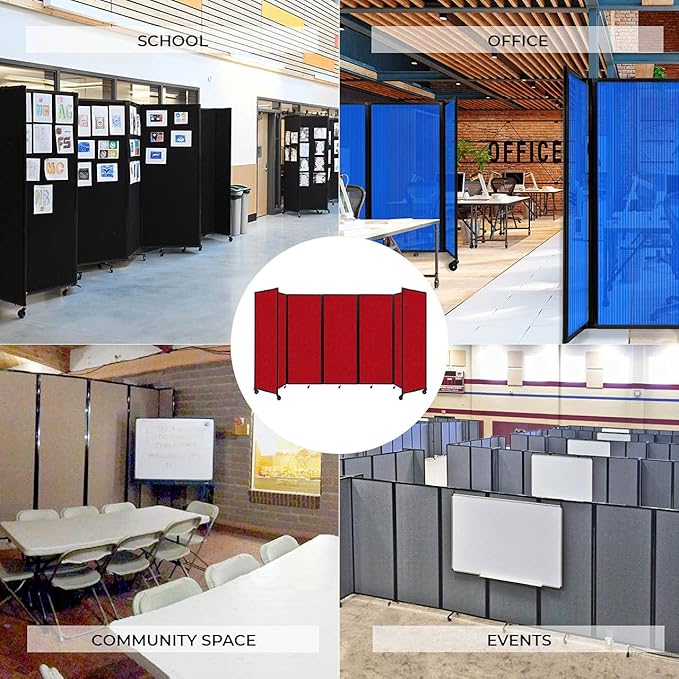 Versare Room Divider 360 Portable Wall Partition | Folding Panels | Large Freestanding Divider | Locking Wheels | Temporary Room Separator | 25' x 7'6'', Red