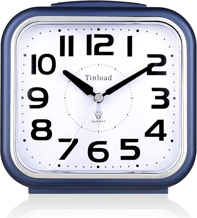 Tinload 5.5" Large Analog Alarm Clock Silent Non Ticking, Gentle Wake, Beep Sounds, Increasing Volume, Battery Operated Snooze and Manual Light, Easy Set, Blue