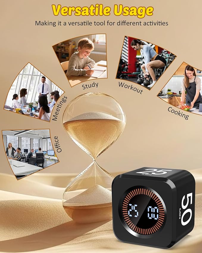 Digital Pomodoro Timer Cube 5/10/25/50min, Visual Productivity Flip Timer for Kids Classroom Desk, Custom Countdown, Silent and Sound Mode for ADHD Study Work Game Kitche(Black)