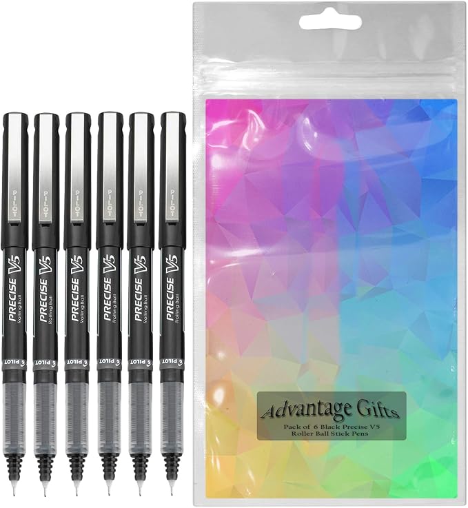 Precise V5 Stick Rolling Ball Pens, Extra Fine Point (.5mm), Black Ink, 6-pk; Bundle with Plastic Reusable Pouch
