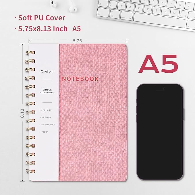 Oneirom Spiral Notebook, Pink Notebook-6.1x8.2 Inch College Ruled Journal with Inner Pockets and 160 Pages, PU Leather Cover Business Journal, Twin-Wire Binding Notebook Perfect for Office & Home