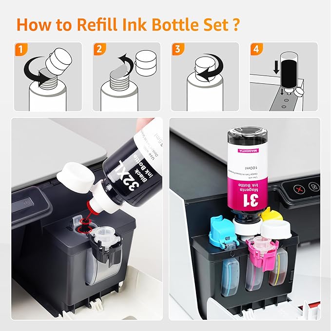 Jeoskarky Compatible for HP 31xl Color HP 32xl Black Ink Bottle for HP Smart Tank 7602 6001 5101 7301 6000 5102 5000 5103 7002 7001 7302 Series for Smart Tank Plus 651 551 Printers (4 Bottles)