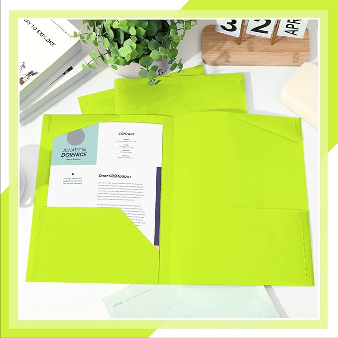 Henoyso 18 Pcs Plastic Folders with Clear Front Pockets Heavy Duty File Folders with 2 Pockets and Card Slot for Student Communication School Office Presentation Report (Fluorescent Green)