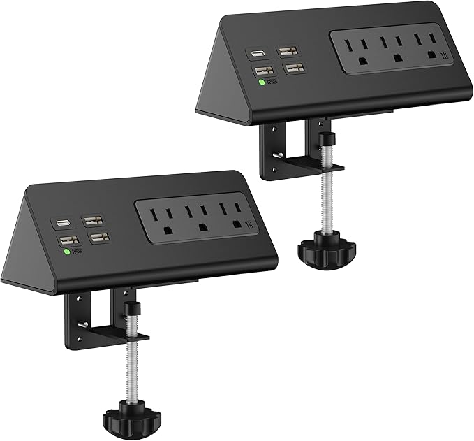 Nightstand Edge Mount Power Strip with USB-C Ports Tabletop Surge Protector Desk Clamp Power Sockets with 3 AC Outlets &4 Fast Charging USB Ports for Home Office Hotel and Dormitory (Black(2-Pack))