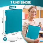 Henoyso 36 Pcs 3 Ring Binder 0.5 Inch Round Fits Letter Size 8.5'' x 11'' Paper Plastic Flexible Binder Bulk Holds 140 Sheets with 1 Pockets Versatile Organizer for Home Office School (Turquoise)