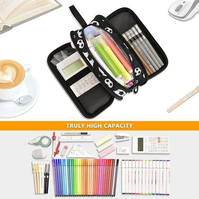 BOENLE Football Soccer Pencil Case Box Boys Girls Large Pencil Pouch Zipper Compartments Big Capacity Stationery Pen Bag Organizer Kids Teens Adults School