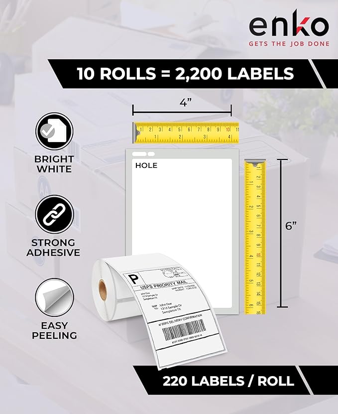 enKo Compatible Zebra 4x6 Label and Dymo Labels 1744907 - (4" x 6") Blank White Address and Shipping Labels for Dymo Labelwriter 4XL Shipping, Zebra & Desktop Direct Thermal Printers (10 Rolls, 2200)