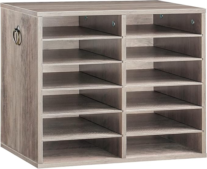 HOOBRO Literature Organizers, 12 Compartments Office Mailbox with Adjustable Shelves, Wood Countertop Literature Sorter for Office, Home, Classroom, Mailrooms Organization Greige BG12WF01
