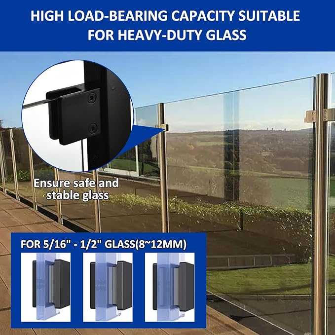 Glass Clamp－4PCS Adjustable Glass Shelf Bracket, 1/3 "-1/2 " 304 Stainless Steel Glass Clamps, Glass Clamp Bracket is Suitable for Railing, Stairs, Glass Wall, All Kinds of Glass (Black-20pcs)