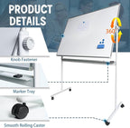 Rolling Whiteboard Magnetic Writeboard 48"x36" Flip Chart with 4 Wheels 2-in-1 Easel-Style Dry Erase Boards 2-in-1 Message Bulletin Board (White)
