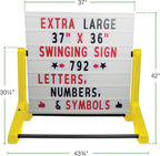 Swinging Changeable Message Sidewalk Sign 36″ x 37″ – Outdoor Advertising Sign Board with 792 Pre-Cut Double-Sided Letters & Storage Box – Heavy-Duty, Rust-Resistant Sidewalk Display for Businesses & Events (Yellow Legs)