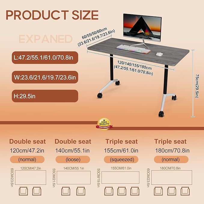Folding Conference Table 4ft 5ft, Foldable Office Meeting Desk for 6 People, Multiple Sizes Colors Mobile Conference Room Table for Training Room School Business Furniture (4, Grey, 55in)
