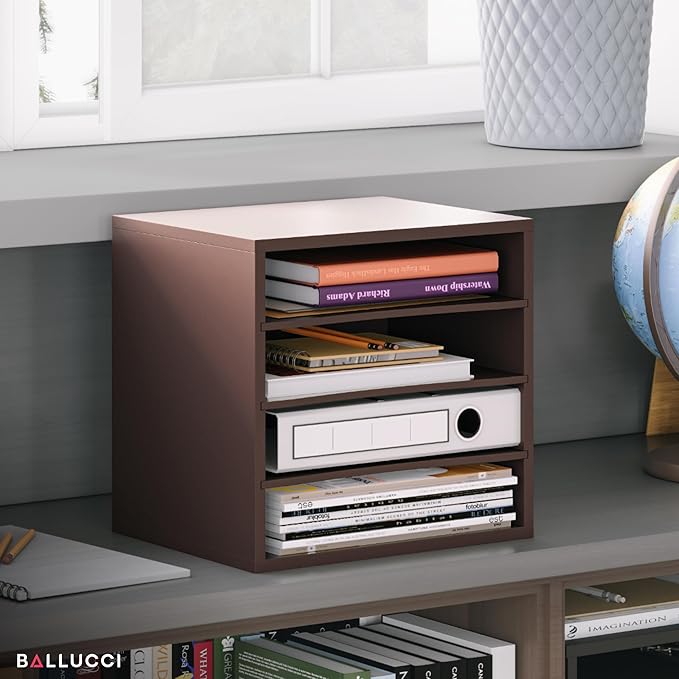 Ballucci 4-Tier Paper Organizer, Desk File Organizer, Stackable Letter Tray, Wood Mail Sorter with Adjustable Storage Shelves, Office Desk Organizer, Dark Brown, Espresso