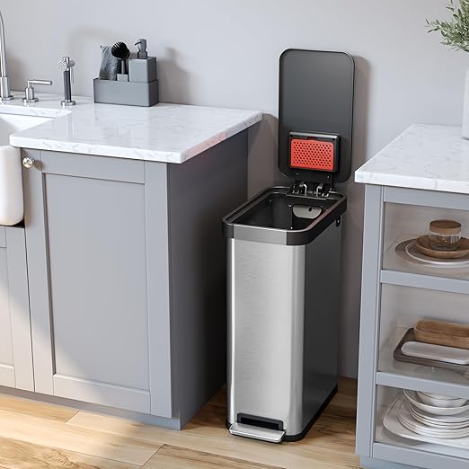 iTouchless SoftStep 13.2 Gallon Slim Step Pedal Trash Can with Odor Filter, Elongated Stainless Steel Recycling Bin, Space-Saving Garbage Trashcan, 50 Liter Bedroom Livingroom Wastebasket Home Office