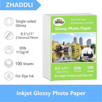 ZHADDLI Inkjet Glossy Photo Paper, 8.5X11 Inches,Pack of 200 Sheets, Compatible with Inkjet Printer Use DYE INK，Glossy Thin Inkjet Paper115gsm