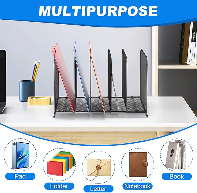 5 Sections Desk File Holder/Rack/Sorter,Mesh File Organizer,File Folder Organizer,Metal Upright Desktop Organization for Documents,Magazine,Kitchenware,Antiskid,Antirust,Sturdy,2 Packs