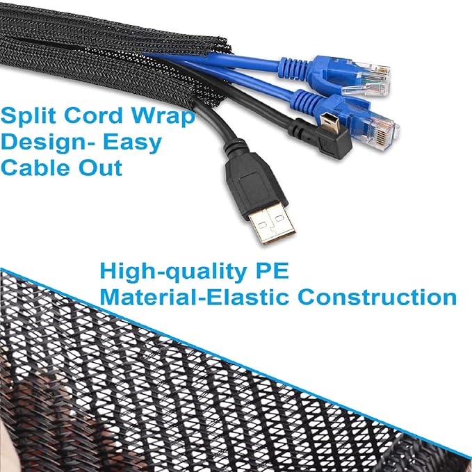Summer Ready 2-Pack Split Sleeving Cable Protector (5FT, 5/8") - Chew Resistant Pet Proof Cord Cover for USB Power Audio Video, Home Office & Gaming Wire Loom - Black