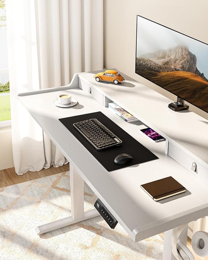 ErGear Electric Standing Desk with Drawers, 48″ x 24″ Gaming Table Compatible Monitor Stand, Stand up Desks, Home Office Height-Adjustable Desk with Storage Shelf, 4 Preset Heights, White