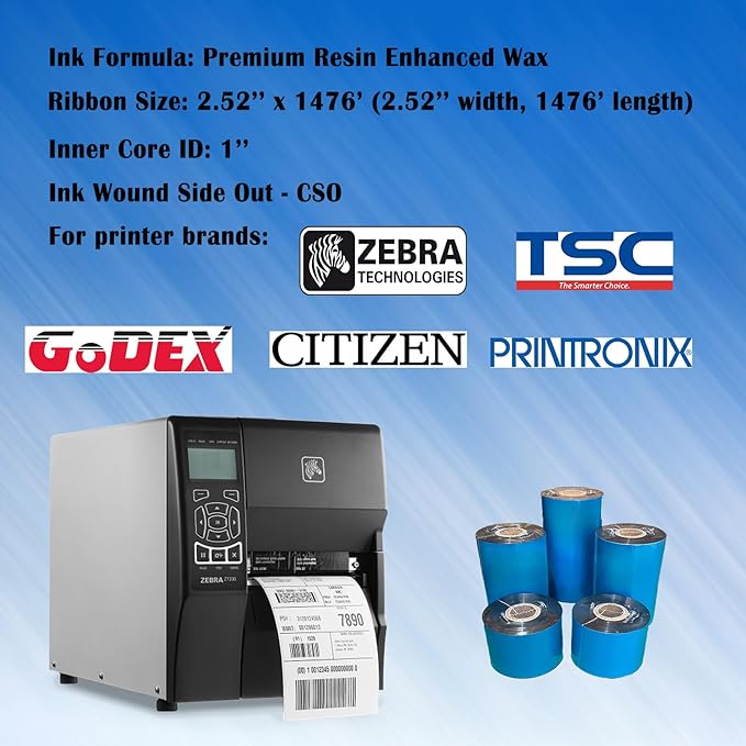 12 Rolls 2.52'' x 1476' Premium Resin Enhanced Wax Ribbon, 64mm x 450m Black Thermal Transfer Ribbon, Barcode Thermal Label Printer Ribbon, CSO-Ink Outside, 1'' Core for Zebra, TSC, GoDex, Citizen