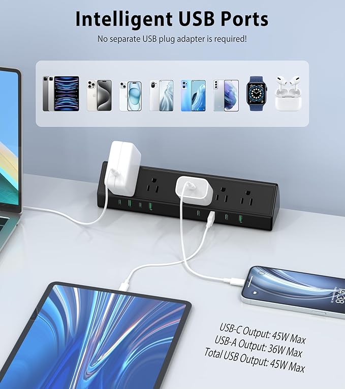 45W Fast Charging Station,Desk Clamp Power Strip,4 PD USB-C Ports,5 AC Outlets,Surge Protector Power Strip, 14AWG Heavy Duty Cord, Fits 1.9" Tabletop Edge (Black, 10 FT Cable)
