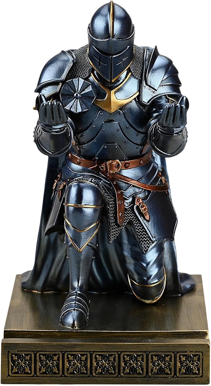 Amoysanli Medieval Armored Warrior Wearing Outerwear, Mobile Phone Stand Knight Pen Holder Desk Organizers, Resin Bookends Paperweight with a Letter Opener for Desk (Blue)