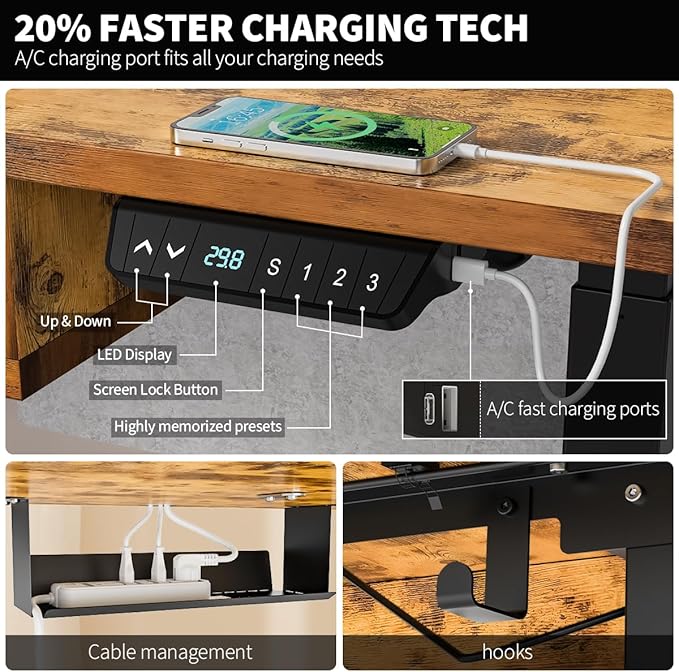Kingant 63 x 30 Inch Electric Standing Desk with 4 Drawers, Adjustable Height Computer Desk for Home Office, Large Workstation Sit Stand Up Desk with Built-in USB A/C Charging Ports, Rustic Brown