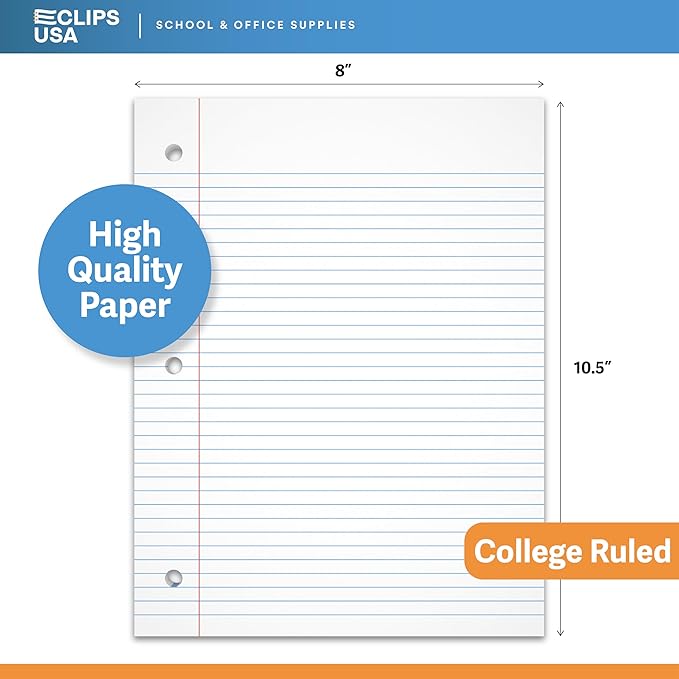 Loose Leaf Paper College Ruled Notebook Paper College Ruled Lined Writing Filler Paper 10.5” x 8” 900 Sheets 150 Sheets Per Pack 60 gsm (6 Pack)