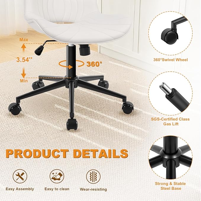 Office Chair, Armless Desk Chair with Wheels, Ergonomic Comfy Home Office Computer Task Chairs, Faux Leather Padded Cute Vanity Chair, Adjustable Height Swivel Chair with Back,White