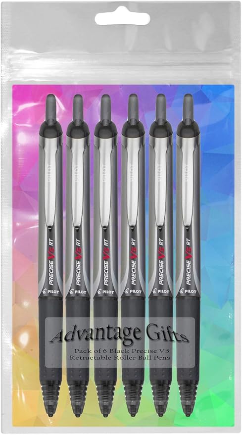 Precise V5 RT Retractable Rolling Ball Pens, Extra Fine Point (.5mm), Black Ink, 6-pk; Premium Comfort Grip, Bundle with Plastic Reusable Pouch