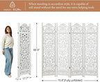 5.75Ft Room Divider Wood Screen, 33Lbs Durable MDF Carved Rustic Style Headboard, Reversible Freestanding Folding Partition Paravent for Home, 69 * 71 inch(H*W) - 4 Panels (Rustic White)