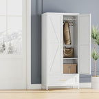 SUPEER Metal Wardrobe Cabinet with 1 Drawer and Hanging Rod, 70.9" H Metal Closet Cabient with Adjustable Shelf for Bedroom, Laundry Room, Home,Office,Installation Required,White