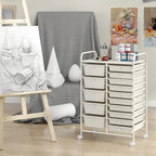 HAPPYGRILL 15-Drawer Rolling Cart, Storage Carts with Removable Drawers & Steel Frame, Utility Cart on Lockable Wheels for Home, School, Office (Ivory)