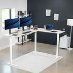 VIVO Electric Corner 84 x 63 inch L-Shaped Standing Desk, Memory Height Adjustment, Light Wood Top White Frame, DESK-E3CTWC-84