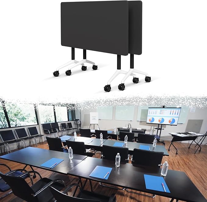 Goakwwuz Conference Room Table, Folding Conference Tables,Thicken Grey Tabletop,Flip Top Wooden Seminar Meeting Room Table for Conference Room Offices (2, Black, 55.1”)
