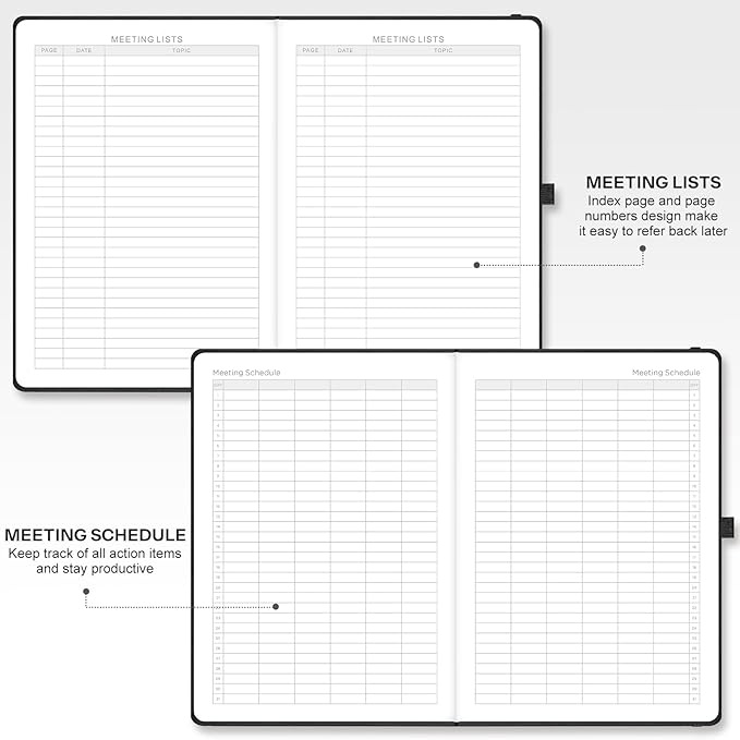 EMSHOI Meeting Notebook for Work with Sticky Tabs - 240 Pages, A4 Size Project Planner, PU Leather Meeting Agenda/Minutes Organizer for Women Men, Note Taking, Office & Business, 8.3"x11.7", Black