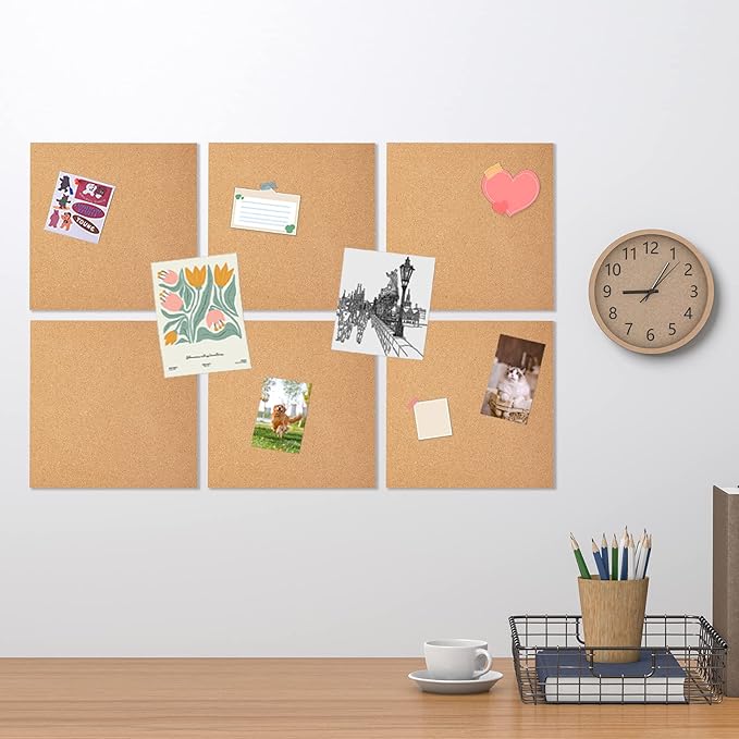 12 Pack Cork Bulletin Board 12 x 12 Inch - 1/2" Thick Cork Board Tiles,Self-Adhesive Frameless Cork Tiles Wall Decor with 100 PCS Pushpins for DIY, Office, School and Home Decor