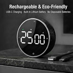 Rechargeable Magnetic Kitchen Timer, LED Countdown/Count-Up Timer, Supports USB-C Charging, with Loud Alarm, 3 Preset Quick Times (5/15/25m), Perfect for Kitchen Cooking, Studying, and Fitness