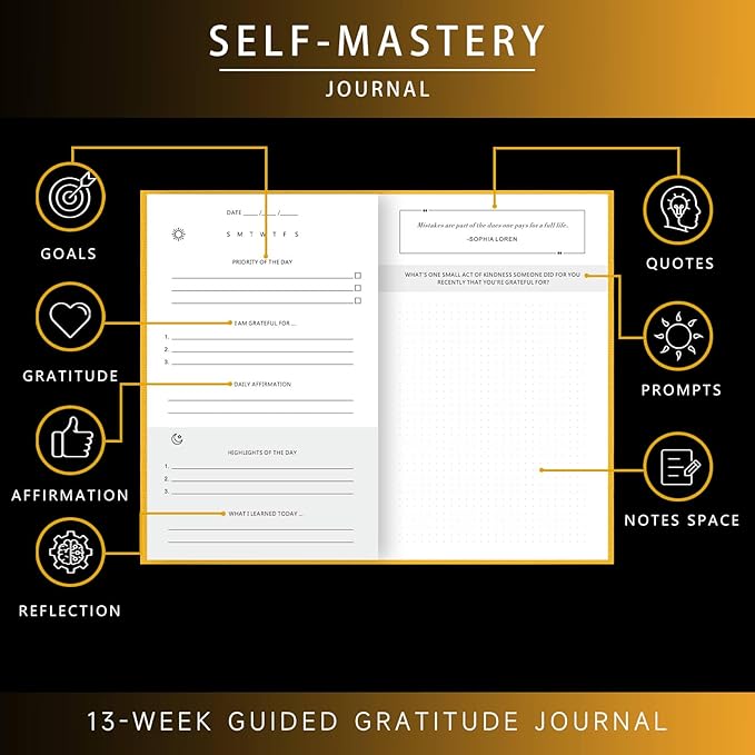 Draphy Self-Mastery Journal for Men - Gratitude and Productivity Journal for More Happiness, Positivity, Growth, Mindfulness, Self Care and Reflection - Guided Inspirational Journals for Men (Yellow)