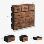 WLIVE Fabric Dresser for Bedroom with 10 Drawers, Chest of Drawers with Side Pockets and Hooks, Sturdy Metal Frame, Drawers Organizer Unit for Living Room, Hallway, Rustic Brown Wood Grain Print