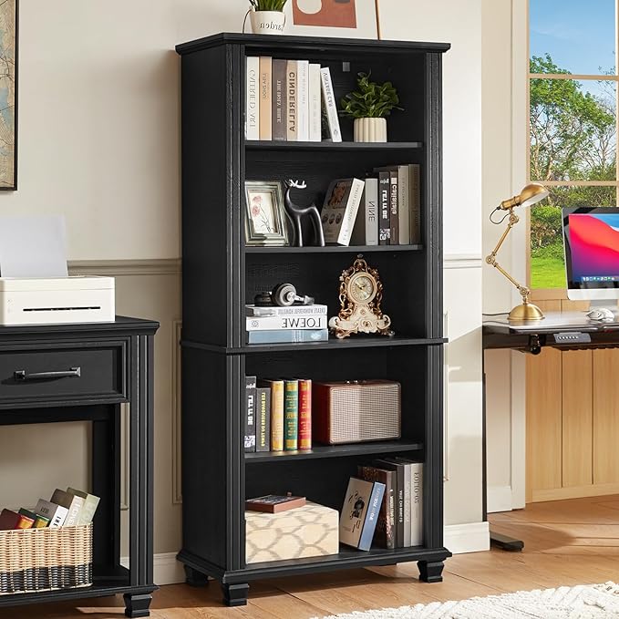70" Tall Black Bookshelf,5 Tier Wooden Book Shelf with Adjustable Shelves & Wood Legs,Free Standing Farmhouse Bookcase with Open Display Storage,Vintage Bookshelves for Living Room, 3PCS