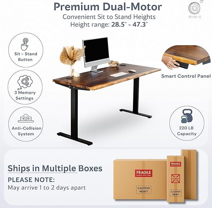 Standing Desk with Monitor Stand – Walnut Solid Wood Desk, Natural Live Edge, Adjustable Height Dual Motor, Sit Stand for Home Office (Black, W48 x D27)