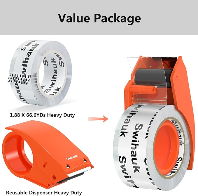 1.88 in x 66.6 YDs Clear Heavy Duty Packing Tape with Dispenser, Strong & Durable Shipping Tape, Packaging Tape, Packing Tape Dispenser for Packing Boxes, Moving Supplies, Shipping and Mailing