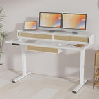 FLEXISPOT Q4 One-Piece Standing Desk with Rattan Drawers, 55 x 24 Inch Adjustable Height, Electric Stand Up Table with Monitor Shelf, Home Office Ergonomic Computer Desk with Memory Presets, White