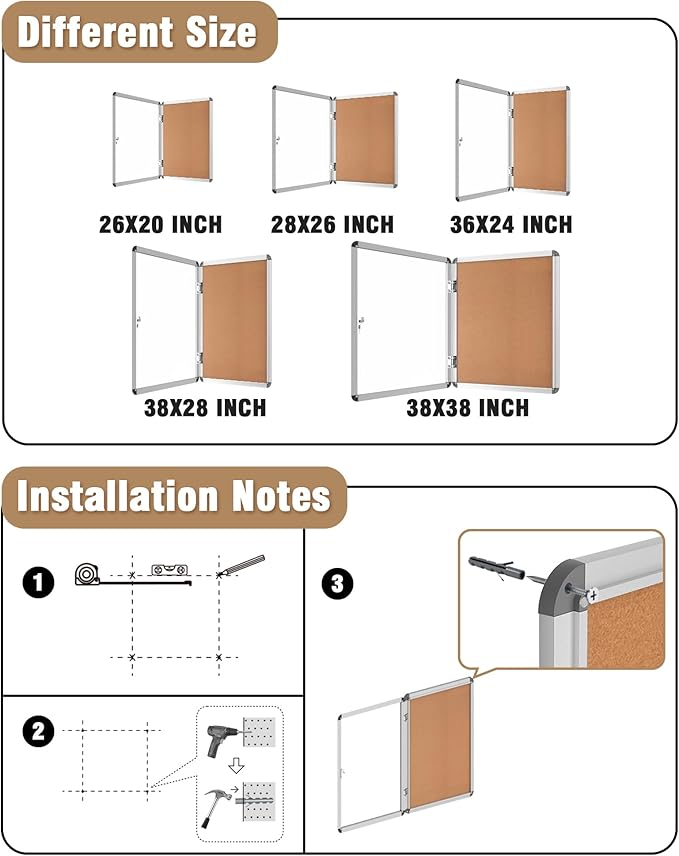 Mifuro 38"x38" Enclosed Bulletin Board, Lockable Weather-Resistant Aluminum Cork Noticeboard for School & Office, Silver Frame w/Cork