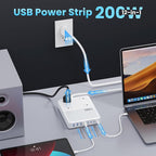 12-in-1 Charging Station USB C Power Strip with 5ft Cord,200W GaN IV USB C Charger Block,4 AC Outlets,8 USB for MacBook,iPhone 16/15/14,Fast Charging Desktop Charger for Office (A-White)
