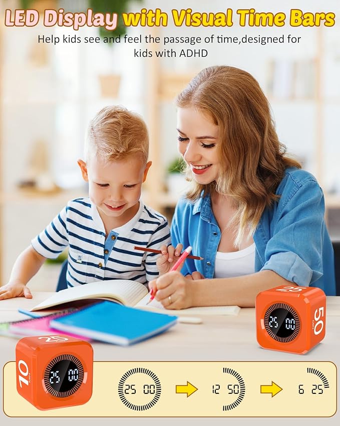Digital Pomodoro Timer Cube 5/10/25/50min, Visual Productivity Flip Timer for Kids Classroom Desk, Custom Countdown, Silent and Sound Mode for ADHD Study Work Game Kitchen (Orange)