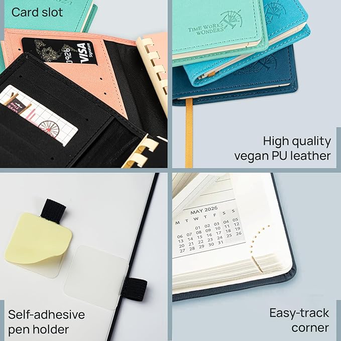 POPRUN 2026 Pocket Planner (Slim Size 3.5" x 6.5") Weekly and Monthly Calendar for Purse, with Hourly Time Slots, 100GSM Thick Paper, Spiral Soft Cover, Pen Holder - Night Sky Blue
