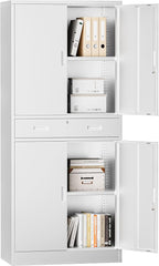TaskStorz Metal Storage with 1 Drawer, 71" Cabinet with 4 Locking Doors and 2 Adjustable Shelves, Steel Storage File Cabinet for Pantry, Kitchen, Office, Garage (White)